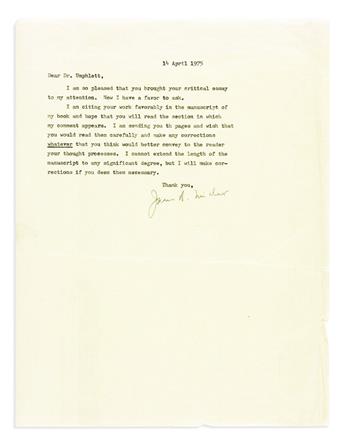(WRITERS--20TH CENTURY.) Group of 5 items, each Signed, including three ALsS, a PS, and a TLS.